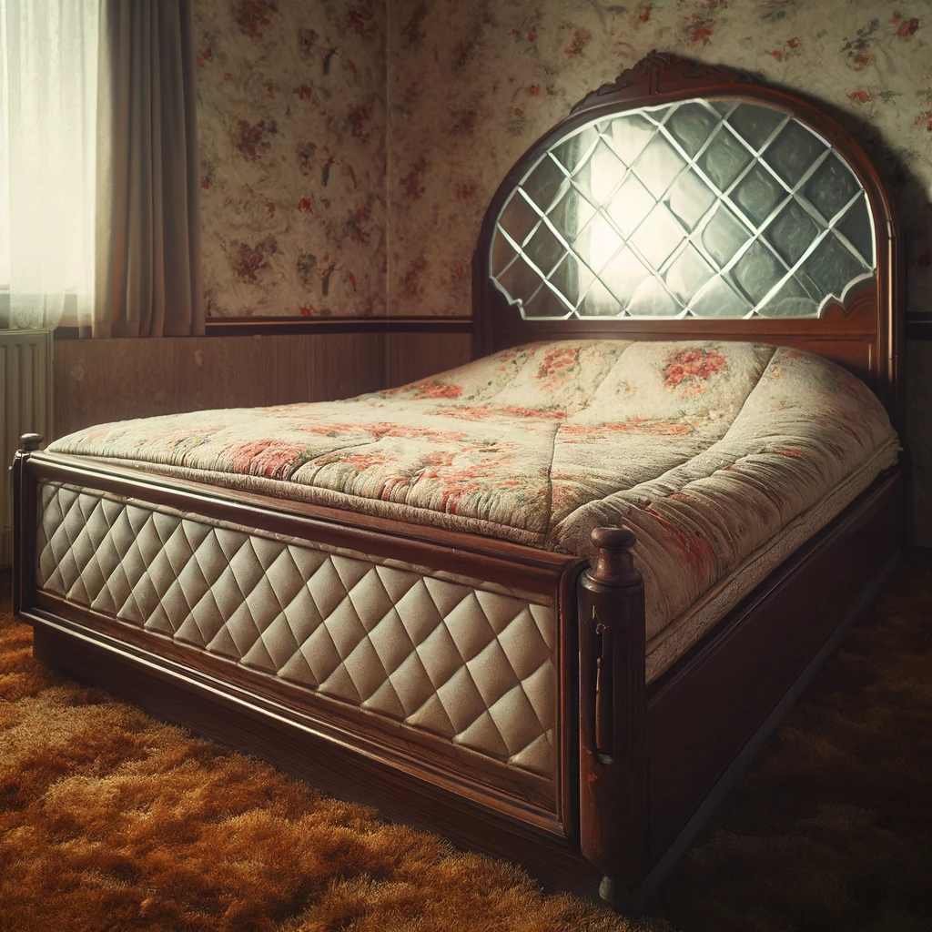 An old waterbed in a vintage-style bedroom setting. The waterbed has a quilted cover with a floral pattern, typical of designs from the 1970s. 