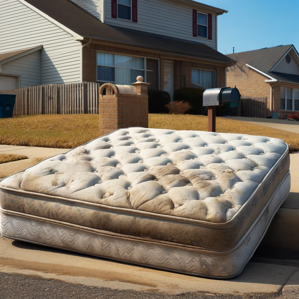 An old, worn-out mattress propped against a curb next to a residential house. The mattress shows signs of heavy use with noticeable stains, frayed edge